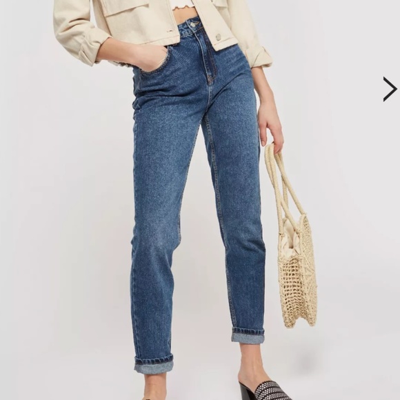 Topshop Denim - Topshop Tall Moto High Rise Mid Blue Mom Jeans 30